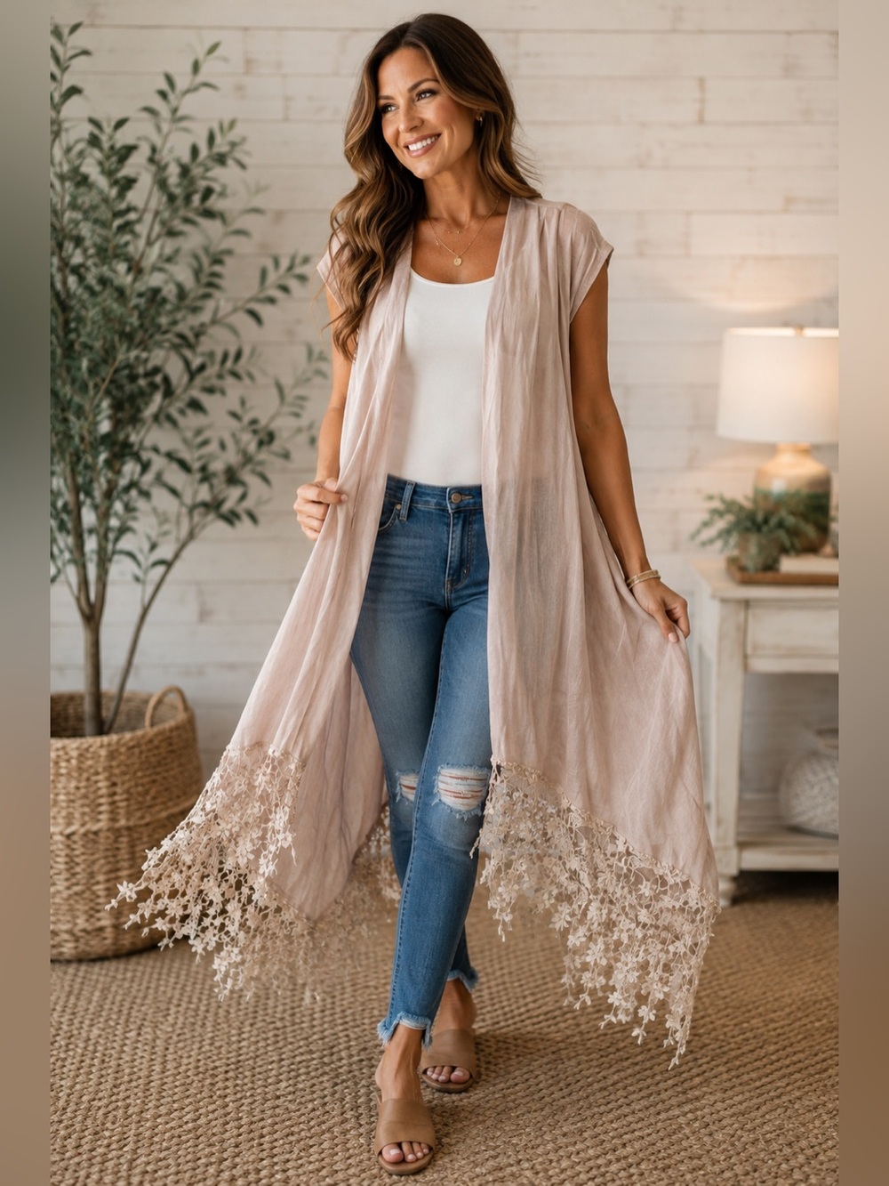 Adorn Blush Boho Lace Hem Open Front Duster Cardigan